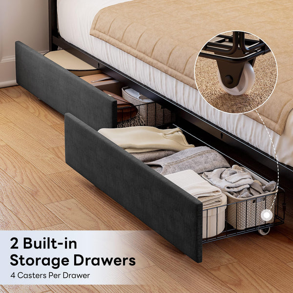 Corner Bed Frame with Storage Drawers, LED Lights & Charging Station