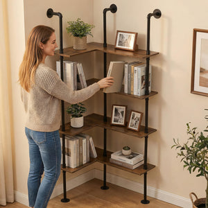 Industrial Pipe Corner Bookshelf – 4 Tier L-Shaped