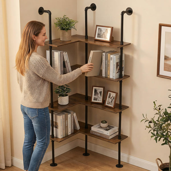Industrial Pipe Corner Bookshelf – 4 Tier L-Shaped