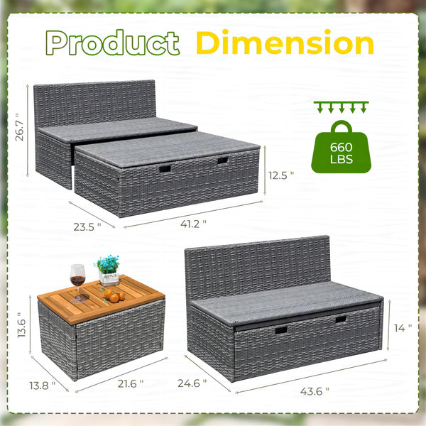 4-Piece Outdoor Wicker Daybed Set with Storage