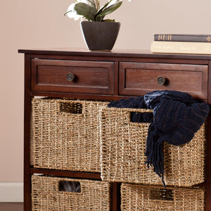4-Basket Storage Chest with Drawers – Mahogany & Seagrass
