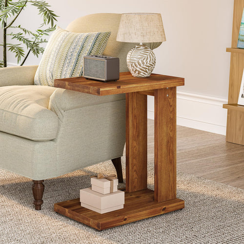 Solid Wood C-Shaped End Table with 2-Tier Storage