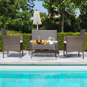 4-Piece Outdoor Wicker Patio Conversation Set with Cushions & Glass Table