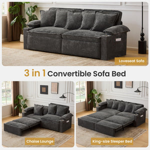 King Size Pull Out Sofa Bed – 3-in-1 Convertible Sleeper with USB & Storage