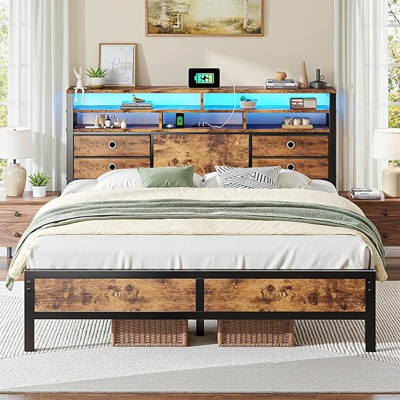 King Size Bed Frame with LED Lights, Storage Headboard & Charging Ports