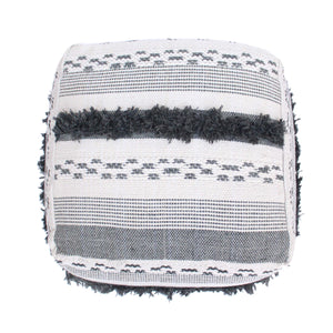 Handmade Boho Wool Cotton Pouf Ottoman with Fringe Trim