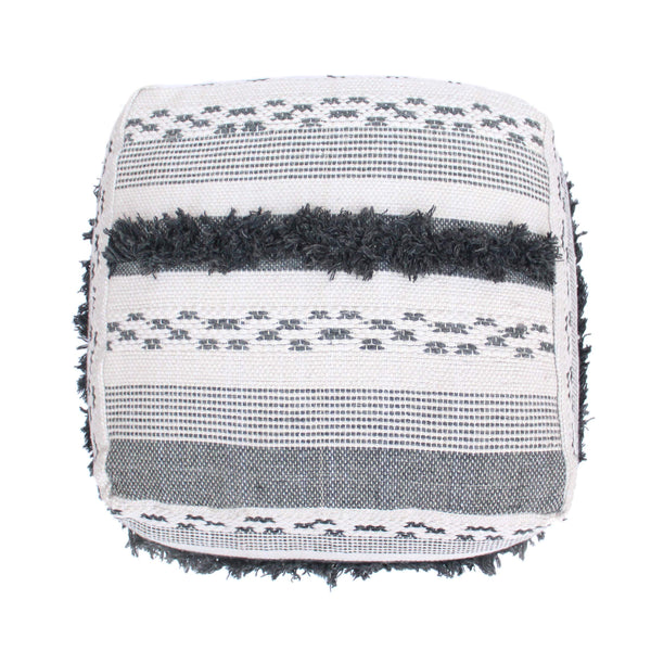 Handmade Boho Wool Cotton Pouf Ottoman with Fringe Trim