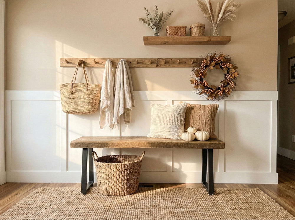 Rustic Wood Entryway Bench with Metal Base