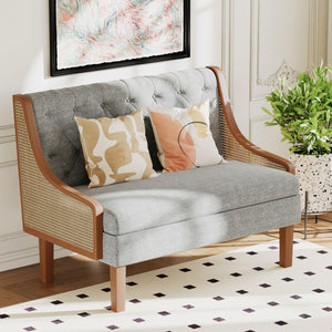 Rattan Arm Loveseat Settee – Upholstered Mid-Century Modern Bench Sofa