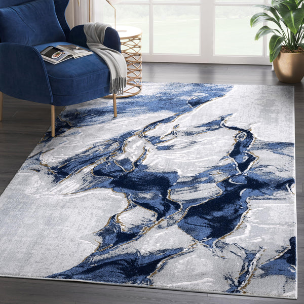 Abstract Grey Blue Area Rug – Machine Washable, Non-Shedding