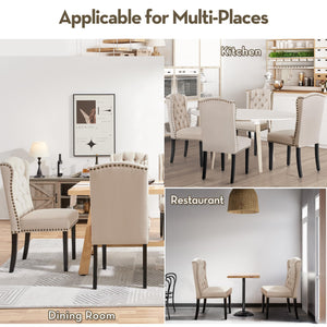 Button-Tufted Upholstered Dining Chairs with Solid Wood Legs – Beige