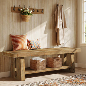 Solid Wood Entryway Bench with Open Shelves