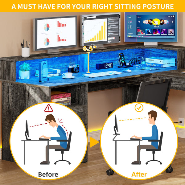 L-Shaped Computer Desk with Drawers, Power Outlets & LED Lights – 60" Corner Home Office Desk, Height Adjustable, Grey