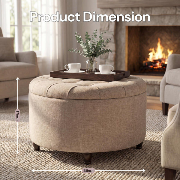 28" Round Storage Ottoman with Wooden Legs