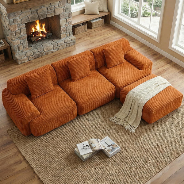 VK·LIVING 113" Cloud Sectional Couch, Deep Seat Boneless Sofa with Wide Armrests, Modular Plush Corduroy Memory Foam Couch for Living Room Office, No Assembly Needed, Orange