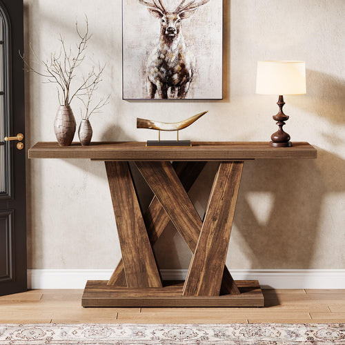 55-Inch Farmhouse Console Table with Geometric Base