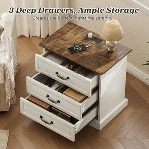 Farmhouse Nightstand with Charging Station & 3 Drawers