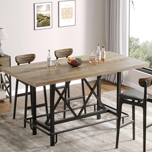 63-Inch Industrial Counter Height Bar Table with Metal Footrest