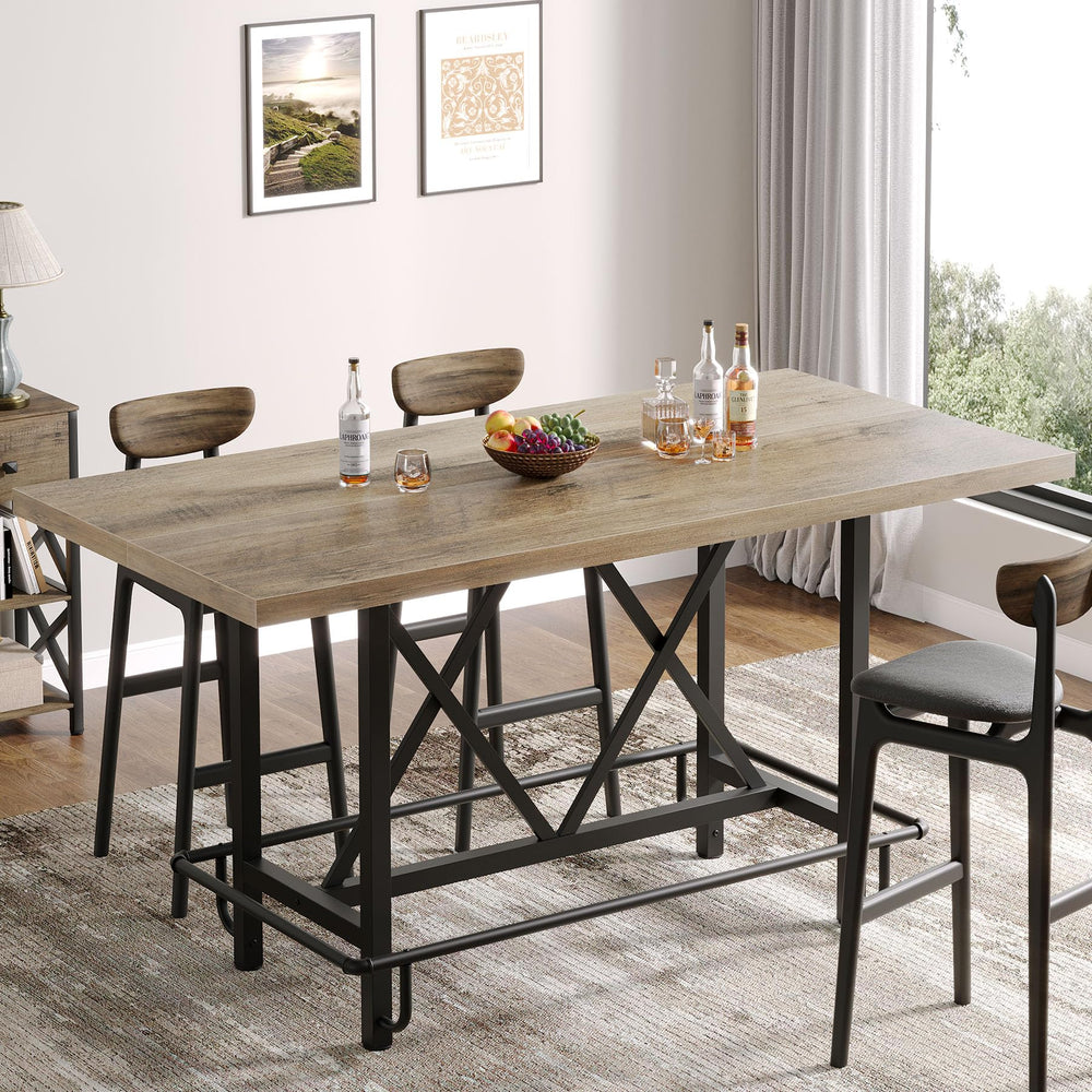 63-Inch Industrial Counter Height Bar Table with Metal Footrest