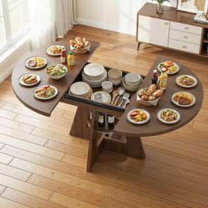 Round Extendable Dining Table 47.2"–63" with Storage Shelf, Walnut