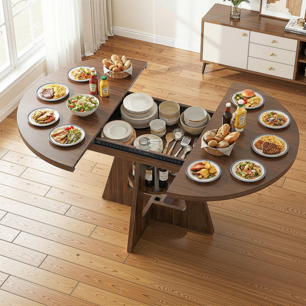 Round Extendable Dining Table 47.2"–63" with Storage Shelf, Walnut