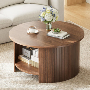 Round Coffee Table with Storage Shelf & Fluted Design