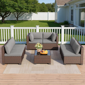 7-Piece Outdoor PE Rattan Sectional Sofa Set with Cushions & Glass Coffee Table