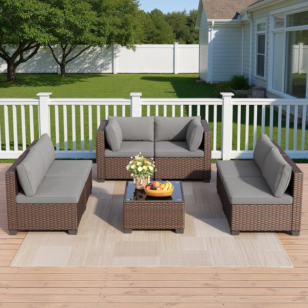 7-Piece Outdoor PE Rattan Sectional Sofa Set with Cushions & Glass Coffee Table