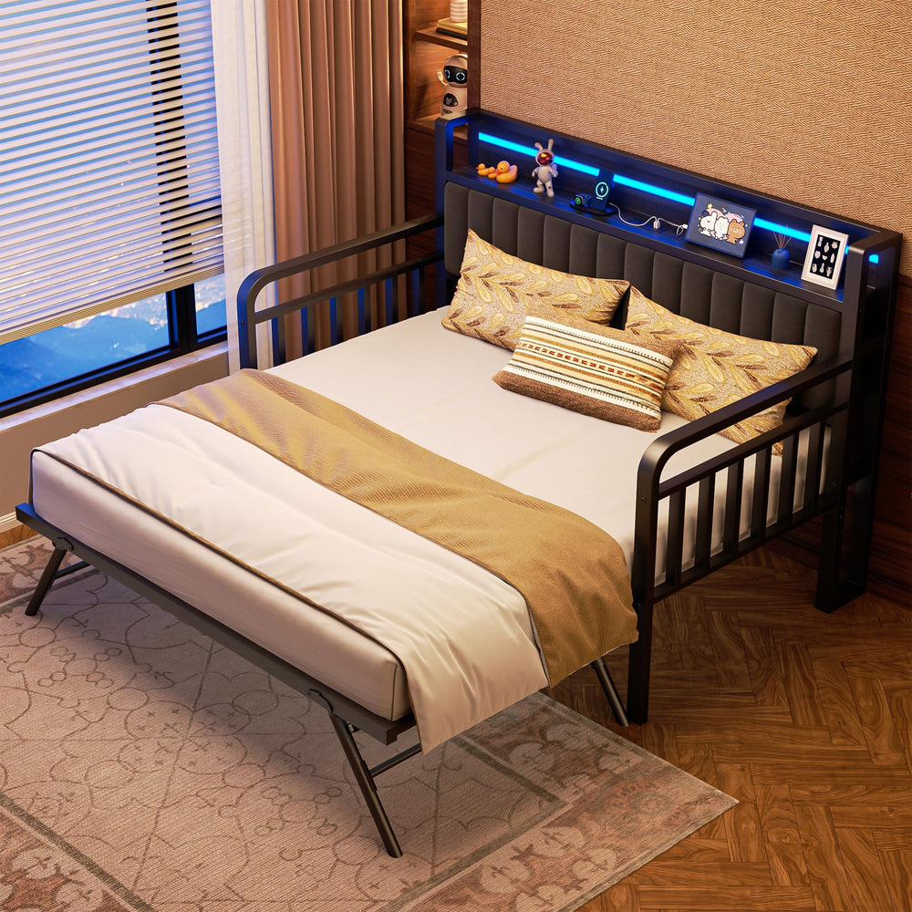 Metal Daybed with Trundle, LED Headboard & Charging Station