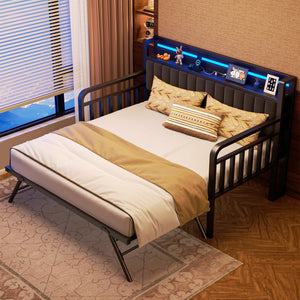 Metal Daybed with Trundle, LED Headboard & Charging Station