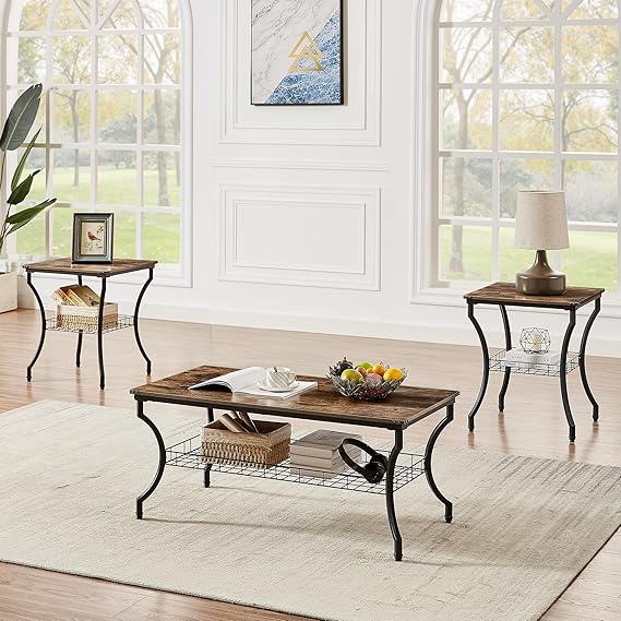 3-Piece Living Room Coffee Table Set with Storage Shelves