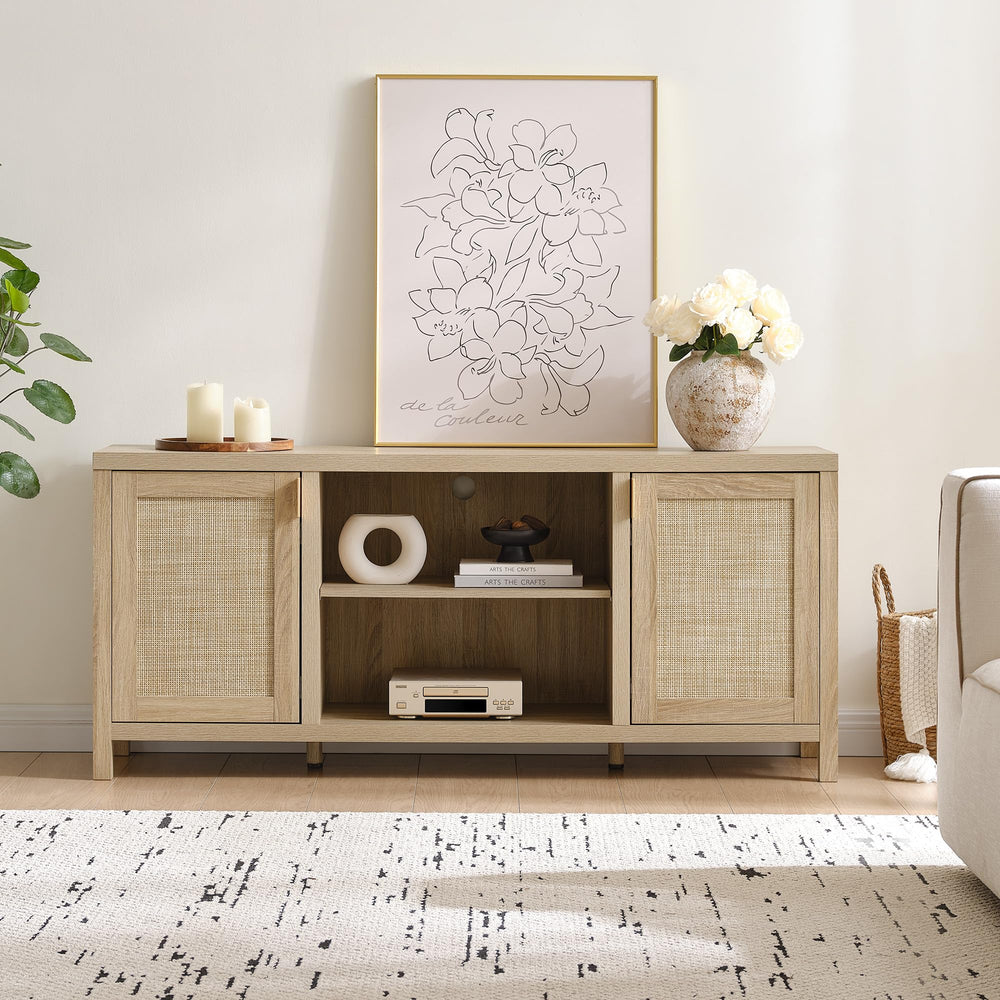Rattan TV Stand with Storage Cabinets & Adjustable Shelves