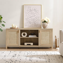 Rattan TV Stand with Storage Cabinets & Adjustable Shelves