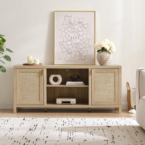 Rattan TV Stand with Storage Cabinets & Adjustable Shelves