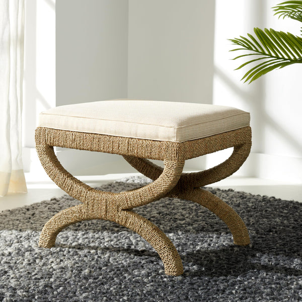 Woven Seagrass Ottoman with Mahogany Wood Frame
