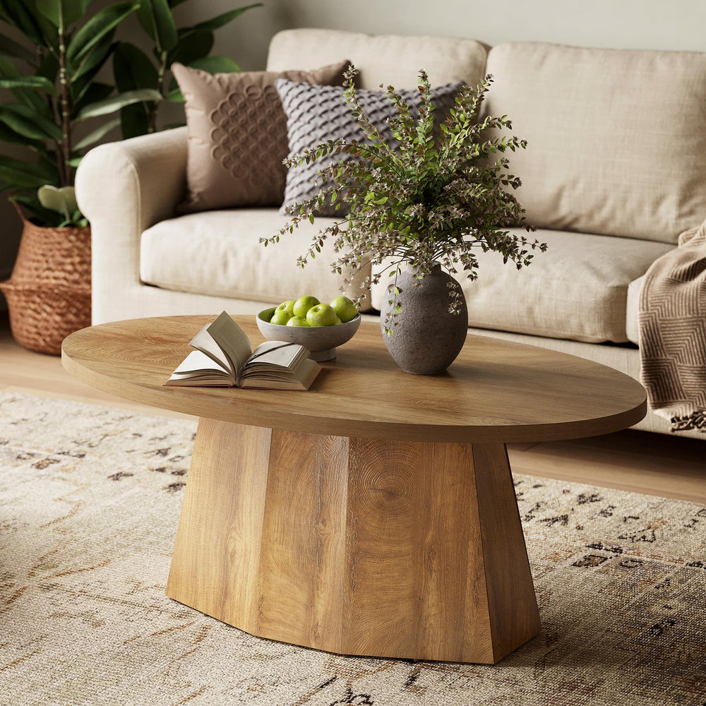Oval Coffee Table 47-Inch with Polygonal Pedestal