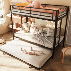 Metal Bunk Bed with Trundle & Safety Guardrails