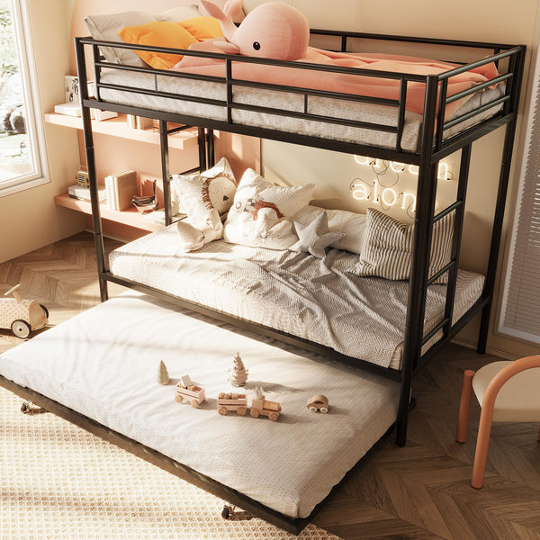 Metal Bunk Bed with Trundle & Safety Guardrails