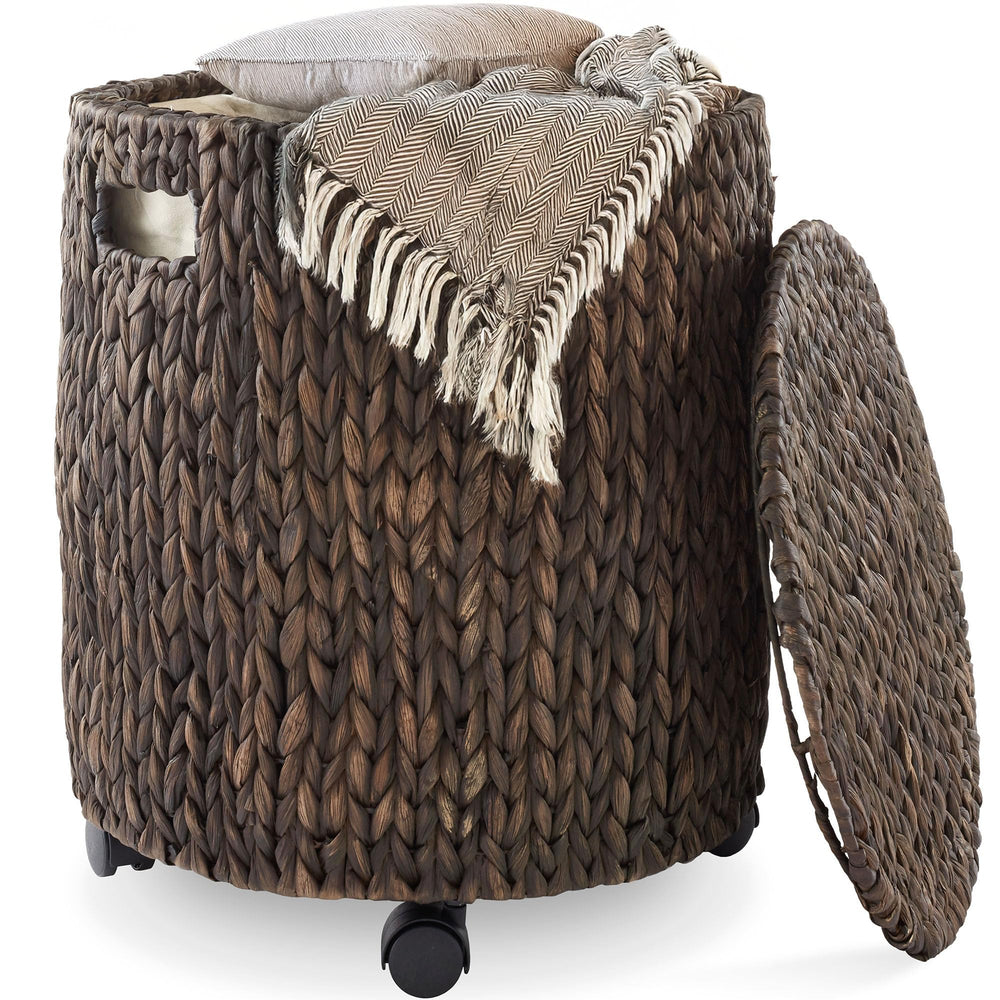 Casafield Round Rolling Storage Basket with Lid - Espresso, Handwoven Water Hyacinth Rolling Hamper Storage Bin on Wheels for Living Room, Bedroom, Bathroom, Laundry