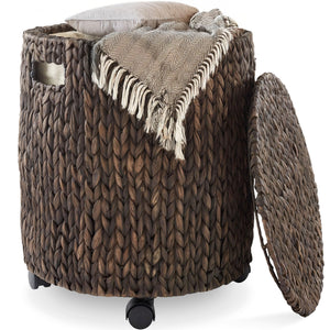 Casafield Round Rolling Storage Basket with Lid - Espresso, Handwoven Water Hyacinth Rolling Hamper Storage Bin on Wheels for Living Room, Bedroom, Bathroom, Laundry