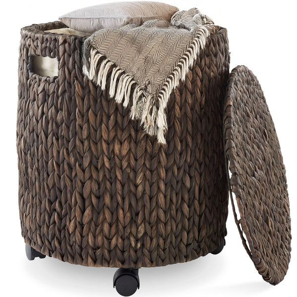 Casafield Round Rolling Storage Basket with Lid - Espresso, Handwoven Water Hyacinth Rolling Hamper Storage Bin on Wheels for Living Room, Bedroom, Bathroom, Laundry