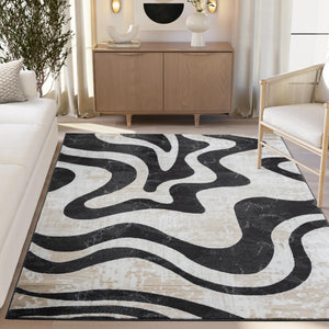 Beige & Black Swirl Modern Area Rug