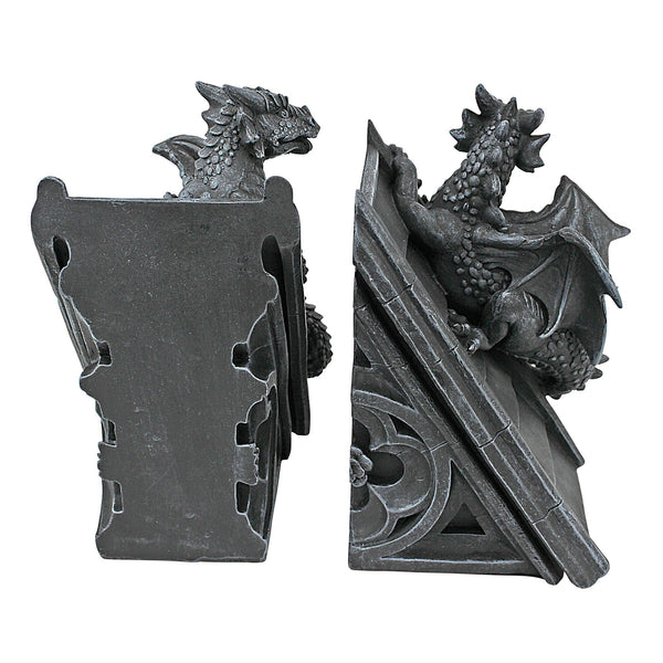 Gothic Dragon Bookend Statues – Set of 2, Gray Stone Resin, 8 Inch
