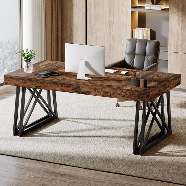 63-Inch Farmhouse Executive Desk with X-Shaped Metal Legs