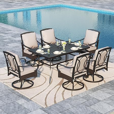 7-Piece Outdoor Patio Dining Set with Swivel Chairs & Rectangular Table