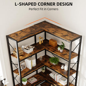 5-Tier L-Shaped Corner Bookshelf with Metal Frame