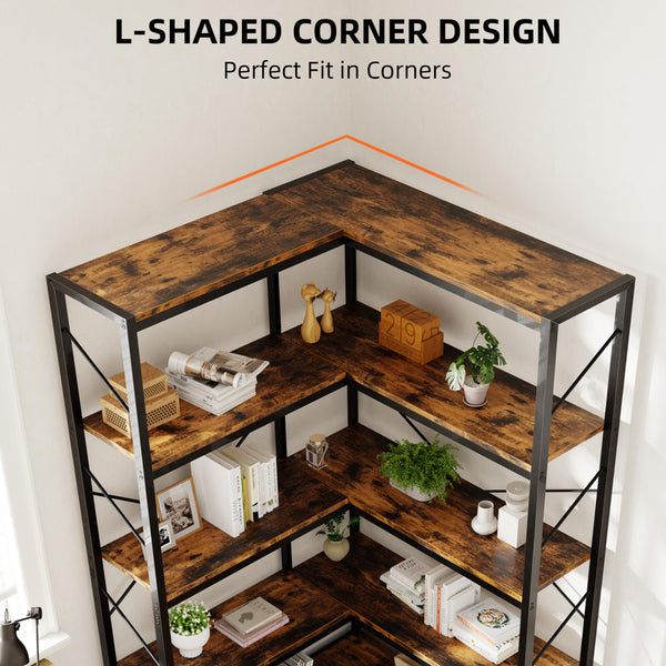 5-Tier L-Shaped Corner Bookshelf with Metal Frame