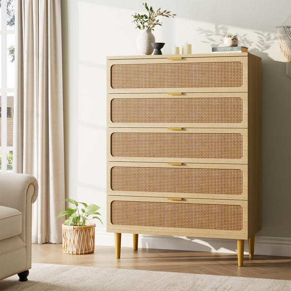 5-Drawer Rattan Dresser with Wide Top