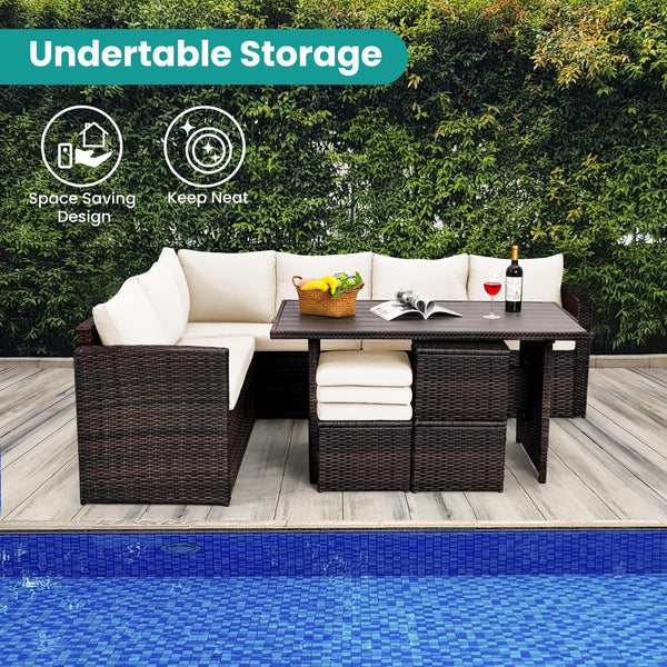 7-Piece Outdoor Wicker Patio Dining Set with Ottoman