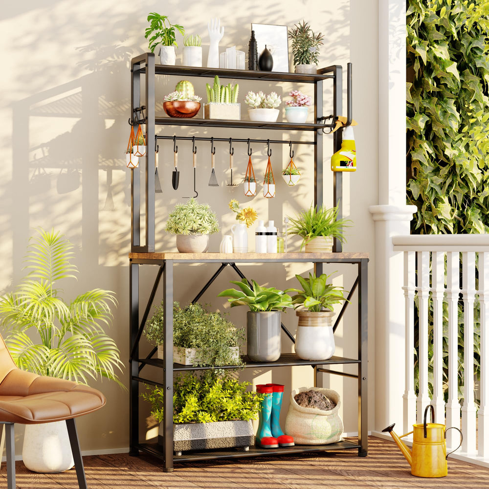 5-Tier Kitchen Baker's Rack with Storage, S-Hooks & Paper Towel Holder – Rustic Brown